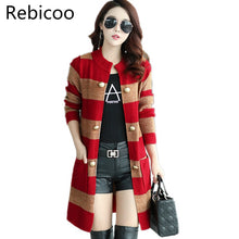 Load image into Gallery viewer, Autumn Women Casual Sweaters Loose O-neck Long Sleeve Cardigans Winter Knitted Jumpers Stripe Outwear Jacket Coat with Pockets