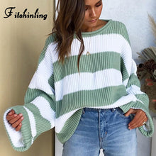 Load image into Gallery viewer, Fitshinling Striped Loose Ladies Sweater Pullover 2019 Autumn Winter New Arrival Green Jumpers Knit Sweaters Women Pull Femme