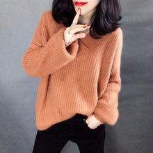 Load image into Gallery viewer, V-Neck Women Autumn Sweater Knitted Lantern Sleeve Cashmere Female Pullover Solid Ladies Elegant Pull Femme