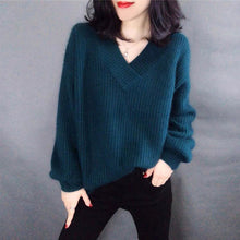 Load image into Gallery viewer, V-Neck Women Autumn Sweater Knitted Lantern Sleeve Cashmere Female Pullover Solid Ladies Elegant Pull Femme