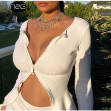 Load image into Gallery viewer, NewAsia White Sweater Women Sexy Double Zipper Cardigan Celebrity Wear Long Sleeve Split Cuff Short Knitted Tops Winter Clothes