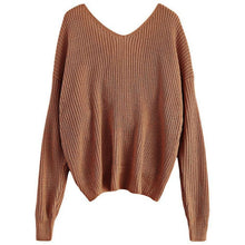Load image into Gallery viewer, ZAFUL V Neck Twisted Back Sweater Pullovers Women Solid Long Bat sleeve Tops Sexy Sweaters 2019 Autumn Winter