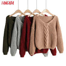 Load image into Gallery viewer, Tangada women elegant twist sweater short style bat long sleeve v neck stretchy pullovers female casual loose tops 1F102