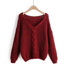 Load image into Gallery viewer, Tangada women elegant twist sweater short style bat long sleeve v neck stretchy pullovers female casual loose tops 1F102