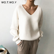 Load image into Gallery viewer, WOTWOY Autumn Winter Basic Knitted Blue White Sweater Women 2019 Fashion Casual V-neck Female Pullovers Korean lady Jumpers