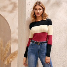 Load image into Gallery viewer, SHEIN Multicolor Colorblock Rib Knit Skinny Jumper Women Tops Winter Spring O-Neck Slim Fit Basic Casual Sweaters