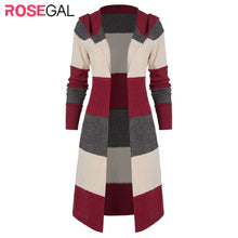 Load image into Gallery viewer, ROSEGAL Colorblock Stripes Patterned Open Front Cardigan Autumn Elastic Contrast Color Knit Long Tops Longline Hooded Cardigans