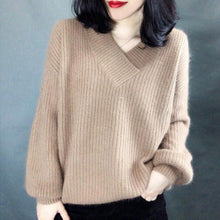 Load image into Gallery viewer, V-Neck Women Autumn Sweater Knitted Lantern Sleeve Cashmere Female Pullover Solid Ladies Elegant Pull Femme
