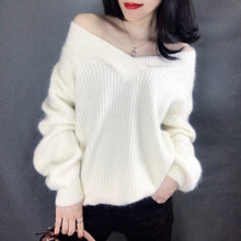 Load image into Gallery viewer, V-Neck Women Autumn Sweater Knitted Lantern Sleeve Cashmere Female Pullover Solid Ladies Elegant Pull Femme
