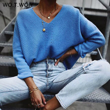 Load image into Gallery viewer, WOTWOY 2019 Autumn Winter Blue Knitted Pullovers Women Long Sleeve V-neck Cashmere Sweaters Women Casual Korean Female Jumper
