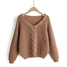 Load image into Gallery viewer, Tangada  women elegant twist sweater short style bat long sleeve v neck stretchy pullovers female casual loose tops 1F102
