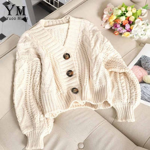 YuooMuoo Chic Women Cropped Cardigan Sweater Fall 2019 Knitwear Short Cardigan Girl Long Sleeve Twist Crochet Top Pull Femme