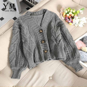 YuooMuoo Chic Women Cropped Cardigan Sweater Fall 2019 Knitwear Short Cardigan Girl Long Sleeve Twist Crochet Top Pull Femme