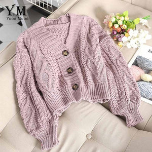 YuooMuoo Chic Women Cropped Cardigan Sweater Fall 2019 Knitwear Short Cardigan Girl Long Sleeve Twist Crochet Top Pull Femme