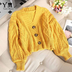 YuooMuoo Chic Women Cropped Cardigan Sweater Fall 2019 Knitwear Short Cardigan Girl Long Sleeve Twist Crochet Top Pull Femme