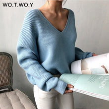 Load image into Gallery viewer, WOTWOY Autumn Winter Basic Knitted Blue White Sweater Women 2019 Fashion Casual V-neck Female Pullovers Korean lady Jumpers
