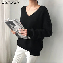 Load image into Gallery viewer, WOTWOY Autumn Winter Basic Knitted Blue White Sweater Women 2019 Fashion Casual V-neck Female Pullovers Korean lady Jumpers
