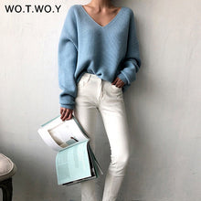Load image into Gallery viewer, WOTWOY Autumn Winter Basic Knitted Blue White Sweater Women 2019 Fashion Casual V-neck Female Pullovers Korean lady Jumpers
