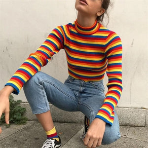 Rainbow Colorful Stripe Sweater Women Casual Sweaters Autumn Fashion Turtleneck Knitwear Loose Pullovers Jumper Pull Femme