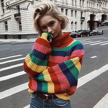 Load image into Gallery viewer, Rainbow Colorful Stripe Sweater Women Casual Sweaters Autumn Fashion Turtleneck Knitwear Loose Pullovers Jumper Pull Femme
