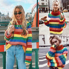 Load image into Gallery viewer, Rainbow Colorful Stripe Sweater Women Casual Sweaters Autumn Fashion Turtleneck Knitwear Loose Pullovers Jumper Pull Femme
