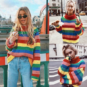 Rainbow Colorful Stripe Sweater Women Casual Sweaters Autumn Fashion Turtleneck Knitwear Loose Pullovers Jumper Pull Femme