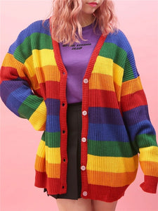 Rainbow Colorful Stripe Sweater Women Casual Sweaters Autumn Fashion Turtleneck Knitwear Loose Pullovers Jumper Pull Femme