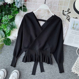 YuooMuoo Elegant V Neck Ruffle Sweater Women Fashion Batwing Sleeve Pullover Jumper Knitted Autumn Sweater Ladies Office Sweater