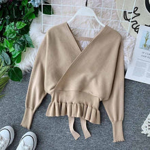 Load image into Gallery viewer, YuooMuoo Elegant V Neck Ruffle Sweater Women Fashion Batwing Sleeve Pullover Jumper Knitted Autumn Sweater Ladies Office Sweater
