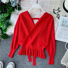 Load image into Gallery viewer, YuooMuoo Elegant V Neck Ruffle Sweater Women Fashion Batwing Sleeve Pullover Jumper Knitted Autumn Sweater Ladies Office Sweater
