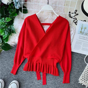 YuooMuoo Elegant V Neck Ruffle Sweater Women Fashion Batwing Sleeve Pullover Jumper Knitted Autumn Sweater Ladies Office Sweater