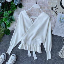 Load image into Gallery viewer, YuooMuoo Elegant V Neck Ruffle Sweater Women Fashion Batwing Sleeve Pullover Jumper Knitted Autumn Sweater Ladies Office Sweater
