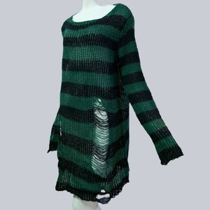 Plus Size Punk Gothic Long Unisex Sweater Dress Women Man Striped Cool Hollow Out Hole Broken Jumper Loose Rock Thin Sweter 2020