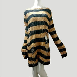 Plus Size Punk Gothic Long Unisex Sweater Dress Women Man Striped Cool Hollow Out Hole Broken Jumper Loose Rock Thin Sweter 2020