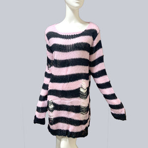 Plus Size Punk Gothic Long Unisex Sweater Dress Women Man Striped Cool Hollow Out Hole Broken Jumper Loose Rock Thin Sweter 2020