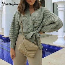 Load image into Gallery viewer, Huaxiafan cardigans solid belt sweaters women autumn outwear casual tops elegant V neck puff sleeves vintage warm cardigans new
