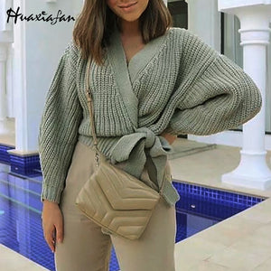 Huaxiafan cardigans solid belt sweaters women autumn outwear casual tops elegant V neck puff sleeves vintage warm cardigans new