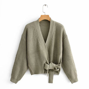 Huaxiafan cardigans solid belt sweaters women autumn outwear casual tops elegant V neck puff sleeves vintage warm cardigans new