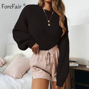 Forefair Casual Turtleneck Sweater Woman Winter Knitting Pullovers Lantern Sleeve Short Black White Knitted Solid Women Jacket