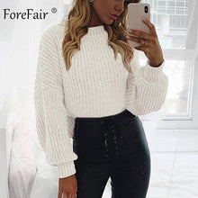 Load image into Gallery viewer, Forefair Casual Turtleneck Sweater Woman Winter Knitting Pullovers Lantern Sleeve Short Black White Knitted Solid Women Jacket
