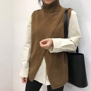 Korean Fashion Overlap Sleeveless Sweater Vest Sweaters Fashion 2018 Women Turtleneck Sweater Jumper Knitted Pullover Sweater