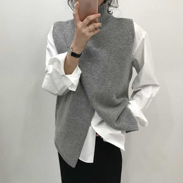 Korean Fashion Overlap Sleeveless Sweater Vest Sweaters Fashion 2018 Women Turtleneck Sweater Jumper Knitted Pullover Sweater