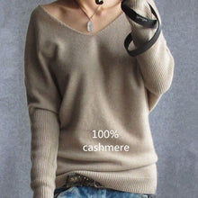 Load image into Gallery viewer, 2019 Spring autumn cashmere sweaters women fashion sexy v-neck sweater loose 100% wool sweater batwing sleeve plus size pullover
